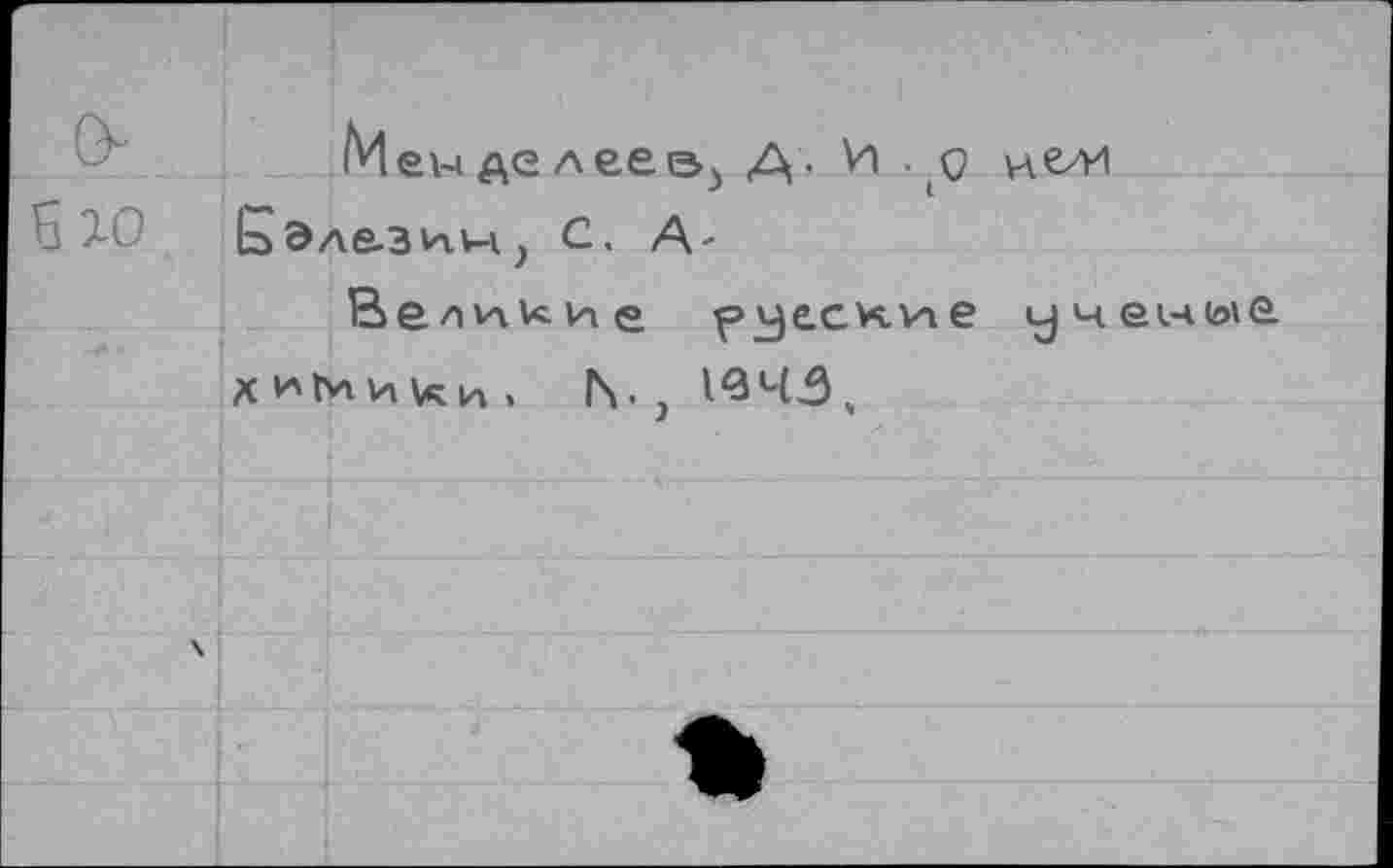 ﻿Б w
Менделеев^ Д. И . q Ьэле-зим , С.
Великие ^»yecKvie уче1чь»е. химики . h., 1^45,